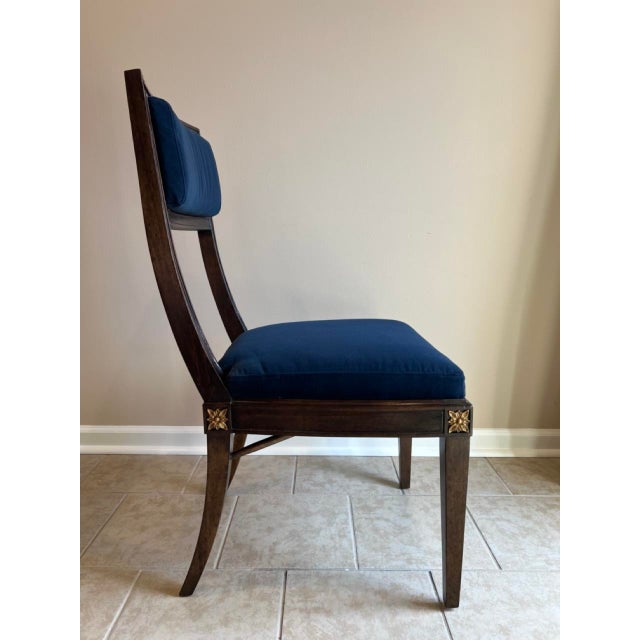 Jonathan Charles Open Back Dining Chair, Custom Blue Velvet Upholstery, Bleached Crotch Walnut Finish, Gold Accents For Sale - Image 16 of 18