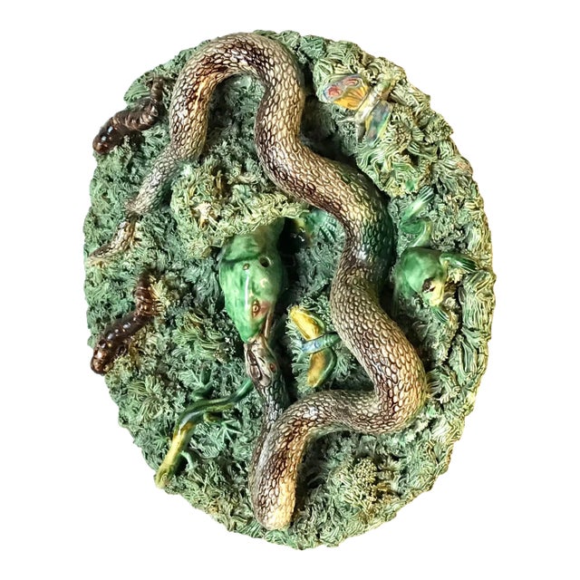 19th Majolica Palissy Snake and Lizard Wall Platter Jose Alves Cunha (07x) For Sale