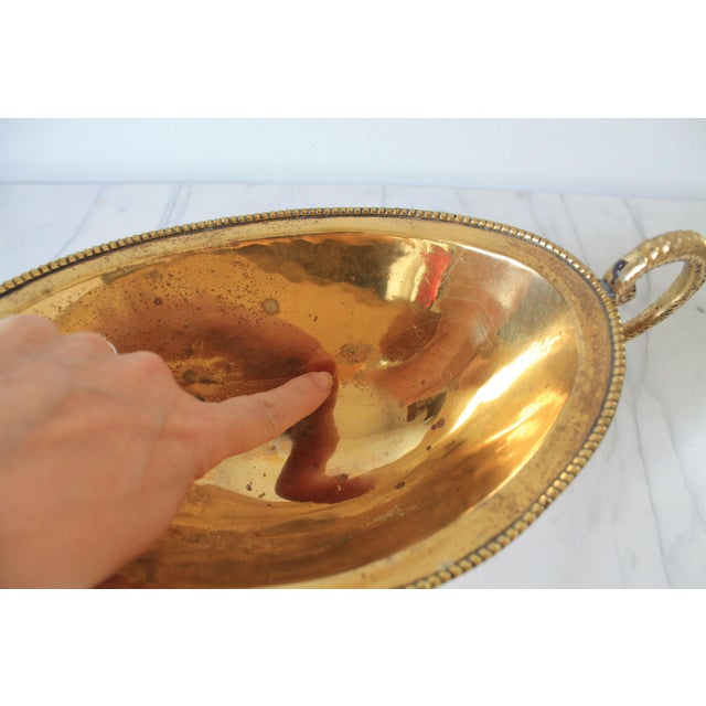 Vintage Oval Brass Pedestal Bowl W/ Ornate Handles For Sale - Image 10 of 12