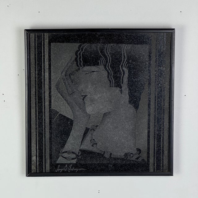 Art Deco 1920s Framed Art Deco Etched Art Work on Black Stone of Fashionable Woman, Signed For Sale - Image 3 of 5