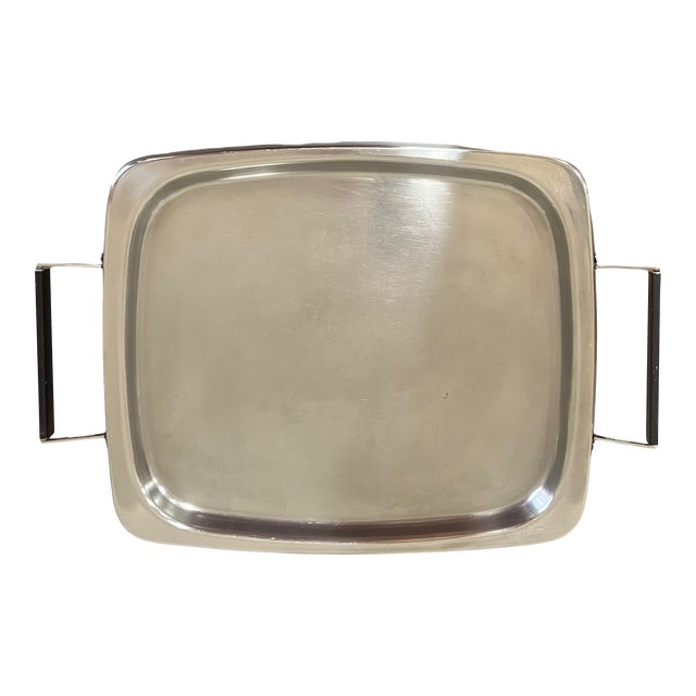 1950s Mid-Century Sears Roebuck and Simpsons Stainless Steel Serving Tray With Black Metal Handles For Sale