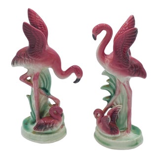 Pair of Mid 20th Century Ceramic Miniature Pink Flamingo Tabletop Statue by Leftons For Sale