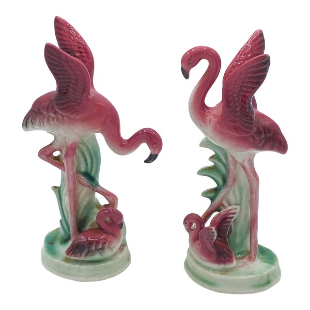 Pair of Mid 20th Century Ceramic Miniature Pink Flamingo Tabletop Statue by Leftons For Sale