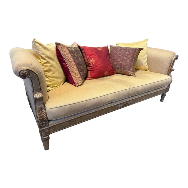 Empire Style Gold Trim Sofa With Five Pillows For Sale