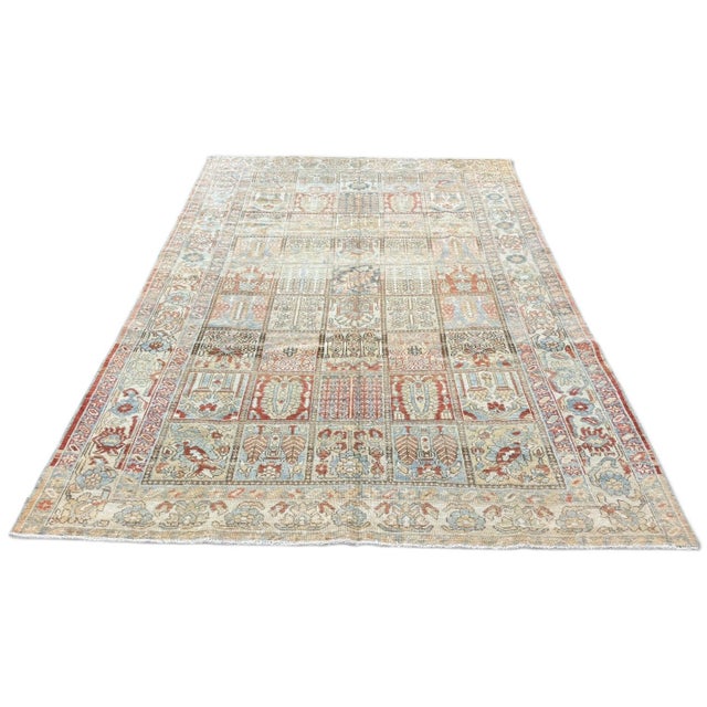 Traditional Antique Rug 7x10 | Garden Panel Design in Soft Ivory, Red & Blue For Sale - Image 3 of 5