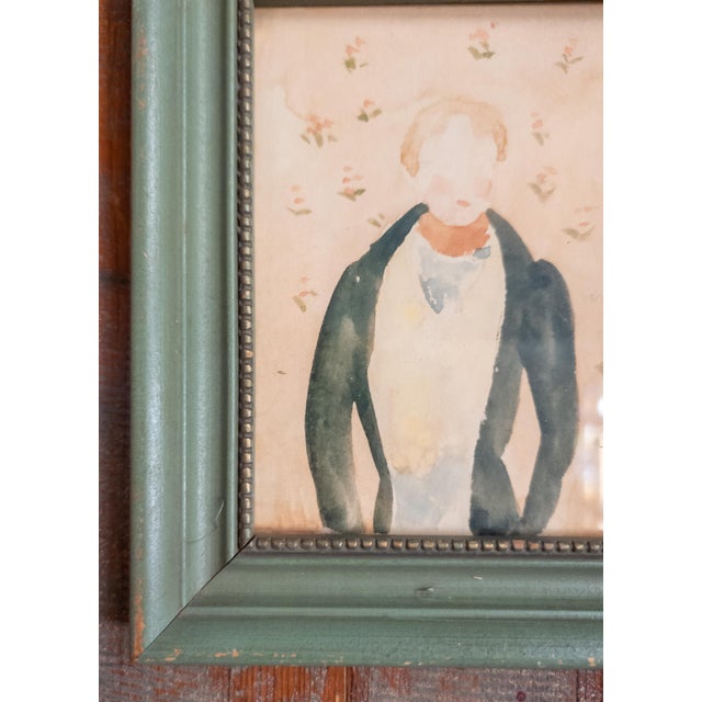 Green 19th Century American Folk Art Watercolor Portrait of a Gentleman For Sale - Image 8 of 10