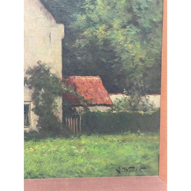 Beautiful antique oil on canvas painting depicting a charming countryside house surrounded by lush greenery and a peaceful...