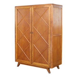 French Blond Oak Wardrobe with Diamond Pattern Doors, France, 1950s For Sale