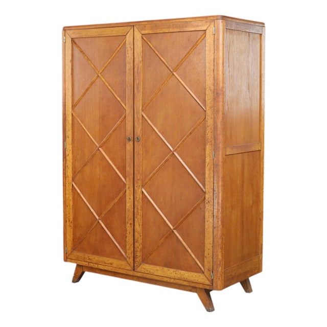 French Blond Oak Wardrobe with Diamond Pattern Doors, France, 1950s For Sale