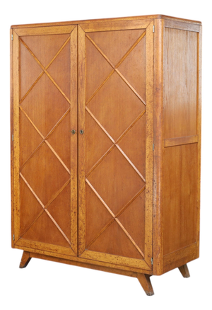 French Blond Oak Wardrobe with Diamond Pattern Doors, France, 1950s