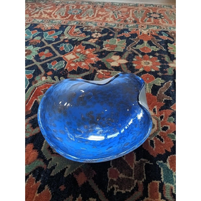 Mid-Century Modern Mid 20th Century Murano Attributed Blue Art Glass Bowl / Catchall Lattimo Base With Copper Aventurine in Cobalt Blue For Sale - Image 3 of 11