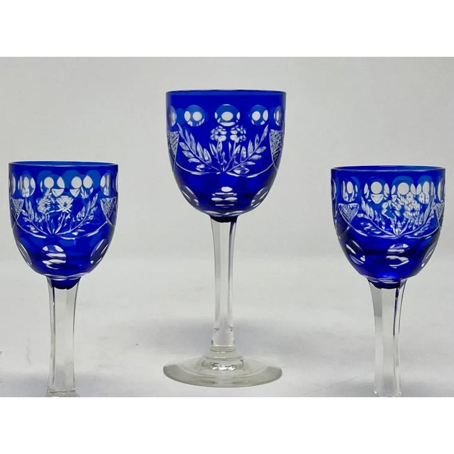 Traditional 1940s Cobalt Cut to Clear Czech Crystal Hock Wine & Cordial Glasses - 21pc.Set For Sale - Image 3 of 12