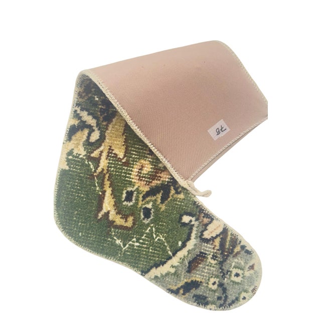 Vintage Kilim Christmas Stocking With Mauve Fabric Cuff, Olive Leaf Wool, 12.6 X 18.5 in – One of a Kind Decor For Sale - Image 9 of 9