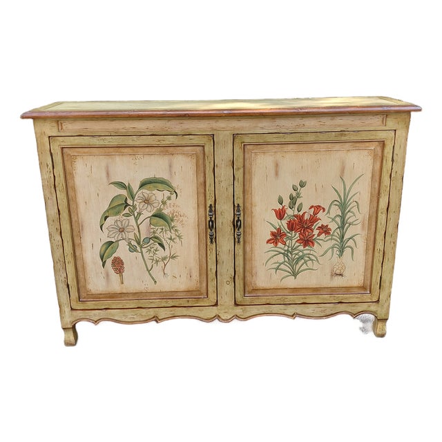 Late 20th Century Hand-Painted French Provincial Botanical Sideboard Cabinet For Sale