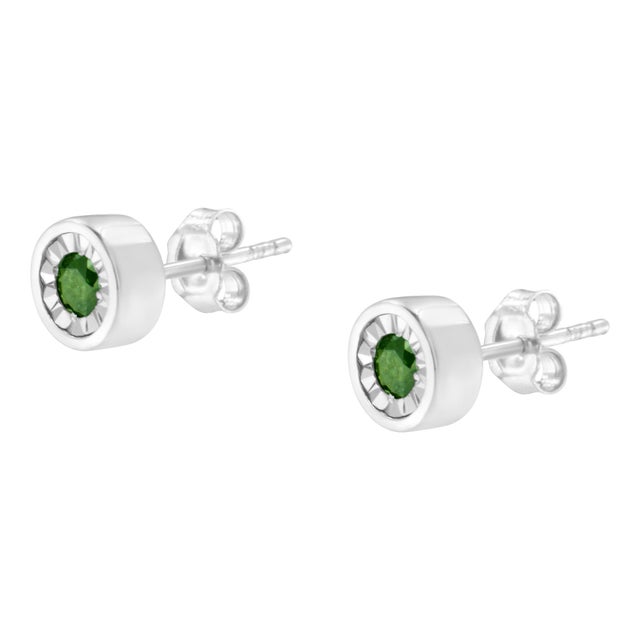 .925 Sterling Silver 1/4 Cttw Round Brilliant-Cut Green Diamond Miracle-Set Stud Earrings, A Pair For Sale - Image 4 of 6