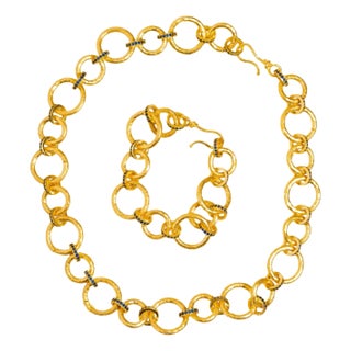 Chunky Link Chain Gold & Sapphire Statement Choker Necklace with Bracelet Set, 2 Pieces For Sale
