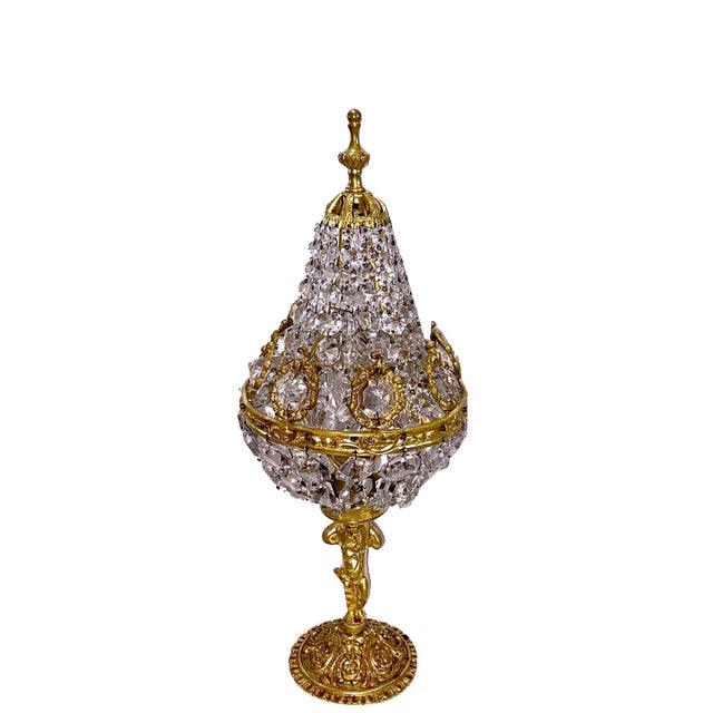 Art Nouveau Crystal Glass and Brass Table Lamp with Putte, 1950s For Sale