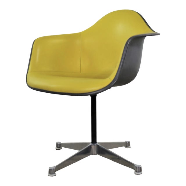 Eames Pac Yellow Padded Swivel Armchair W/Gray Fiberglass Shell & Aluminum Base For Sale