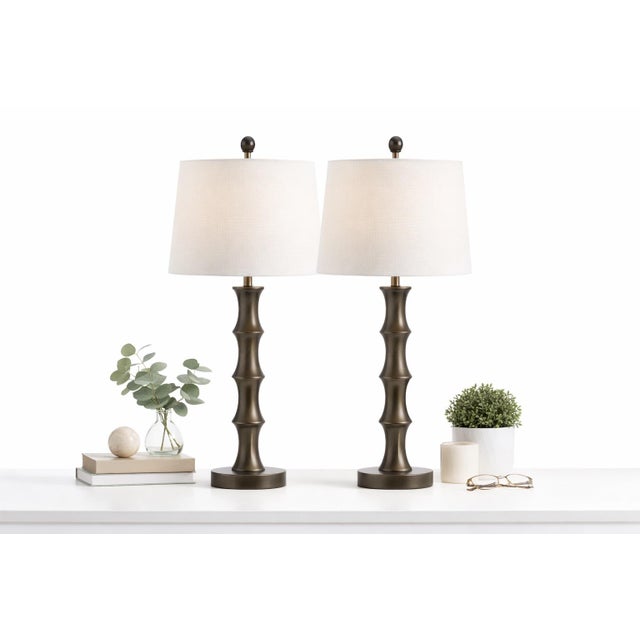 Late 20th Century Sculptural Segmented Column Aged Bronze Finish Table Lamps Bamboo Form Influence 32” H (L324) - a Pair For Sale In Los Angeles - Image 6 of 8