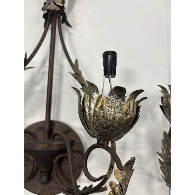 Silver-Leaf and Copper Tone Metal Two Arms Wall Sconces - Set of 2 For Sale - Image 4 of 9