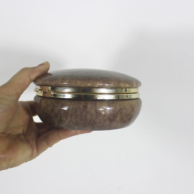Brown Vintage Italian Hand Carved Alabaster Lidded Trinket Box Brown Marble Stone Signed For Sale - Image 8 of 9