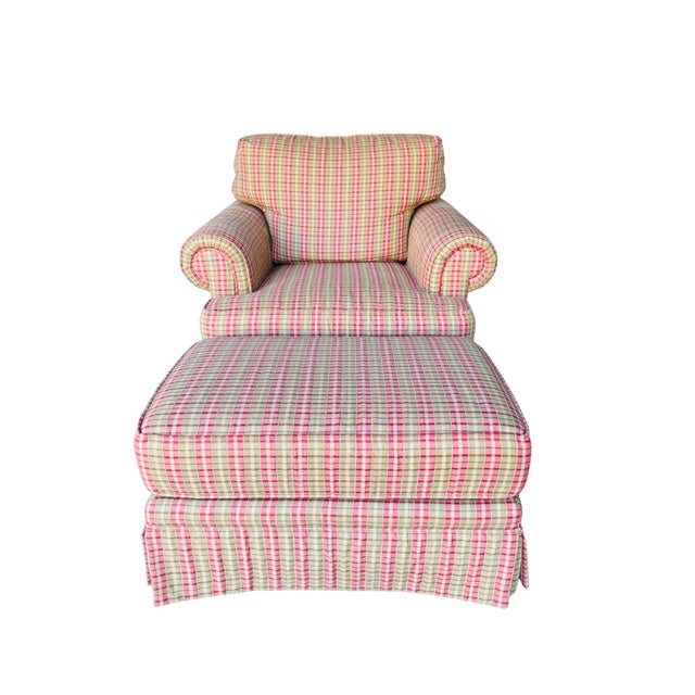 Wood Harden English Country Plaid Club Chair & Matching Ottoman – Traditional Tartan Upholstery For Sale - Image 7 of 15