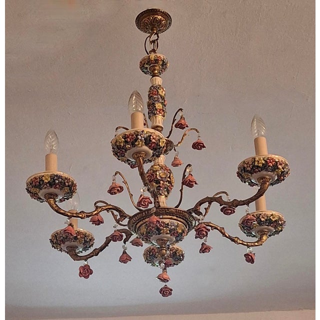 Vintage Boho Six-Arm Chandelier in Ceramic and Gilt Brass For Sale - Image 10 of 10