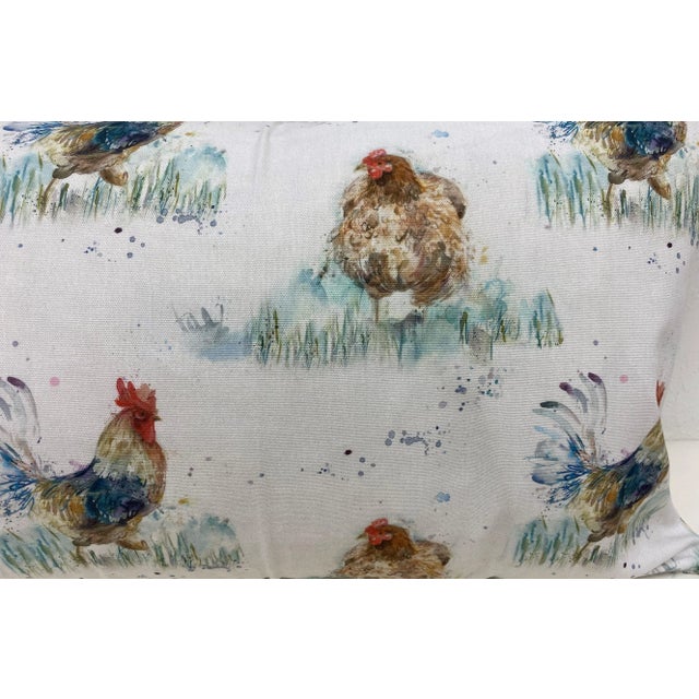 White Large Bolster Pillow Decorated With a Yard Full of Water Color-Look Roosters & Hens/Chickens - Made in Uk. For Sale - Image 8 of 11