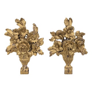 Carved and Gilded Wooden Ornaments with Floral Bouquets, Set of 2 For Sale