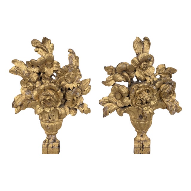 Carved and Gilded Wooden Ornaments with Floral Bouquets, Set of 2 For Sale