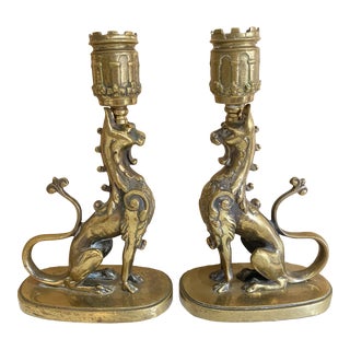 19th Century Gothic French Solid Brass Griffin Candlesticks - a Pair For Sale