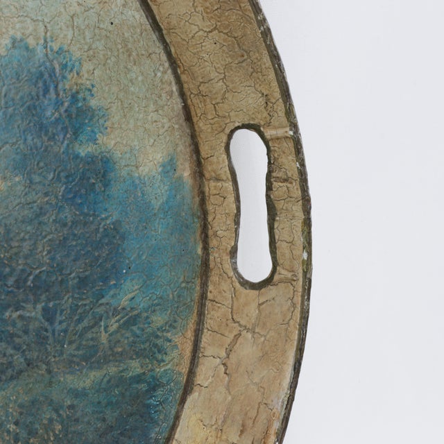 Vintage Hand Painted Tole Tray Blue and Cream Oval Landscape With Tower Architecture For Sale - Image 10 of 16