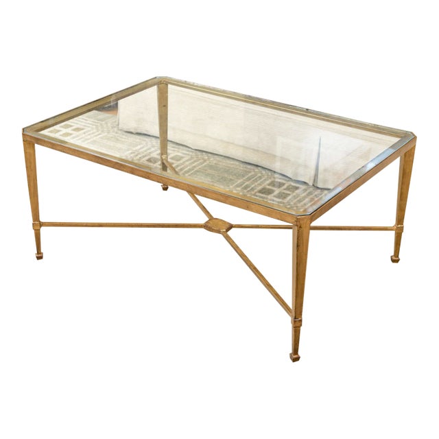 Mid 20th Century Vintage Gilt Wrought Iron Glass Top Coffee Table For Sale