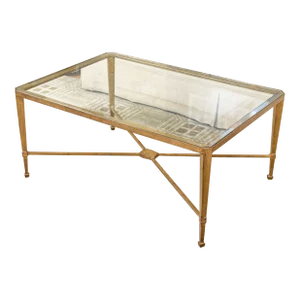 Mid 20th Century Vintage Gilt Wrought Iron Glass Top Coffee Table