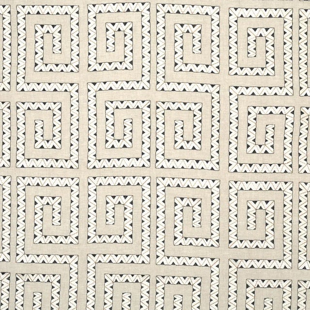 Prado Embroidery features a classic Greek Key motif embroidered in colorful satin stitch on a linen ground. It is a...