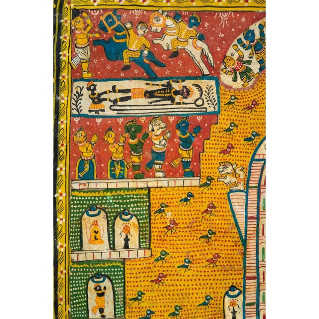 Yellow 19thC Jain Painting India Orissa Indian Natural Pigments Oil on Canvas Antique Polychrome For Sale - Image 8 of 12