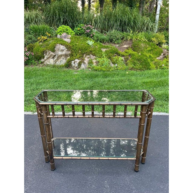 1980s Faux Bamboo Bronze Metal and Glass Sofa Table For Sale - Image 5 of 18