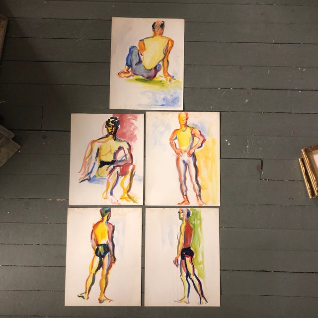 Gallery Wall Collection 5 Vintage 1970’s Original Male Study Watercolor Paintings- Set of 5 For Sale - Image 10 of 10