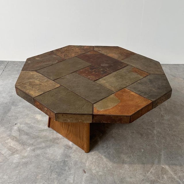 Brown Large Vintage Brutalist Slate Mosaic Coffee Table with Oak Pedestal Base For Sale - Image 8 of 16