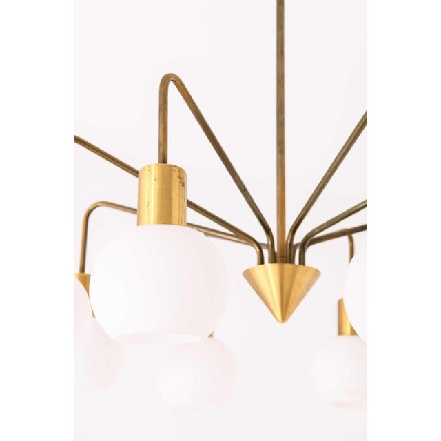 Scandinavian Modern Chandelier in Brass and Opaline Glass, 1950s For Sale - Image 3 of 11