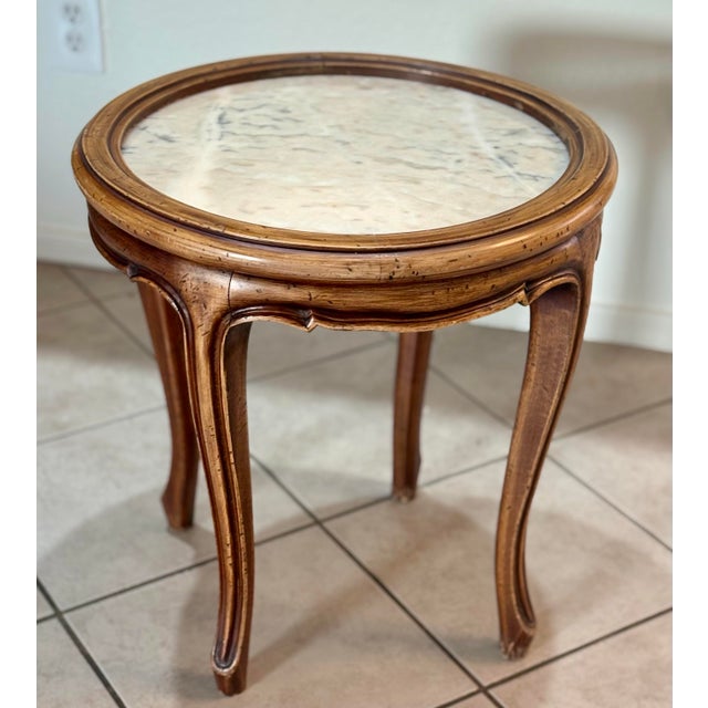 Brown 1990s French Carved Wood and Marble Top Round Side Table For Sale - Image 8 of 8