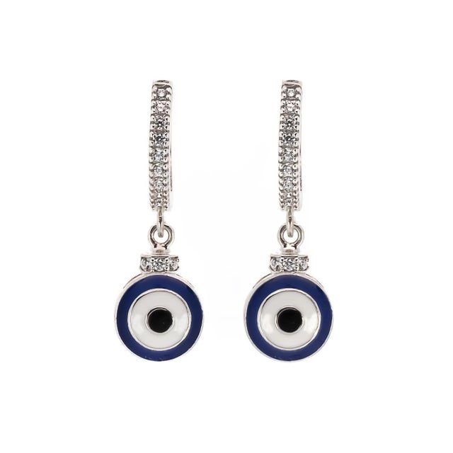 Blue Enamel Sterling Silver Diamond Hoop Evil Eye Earrings, A Pair For Sale In Miami - Image 6 of 6