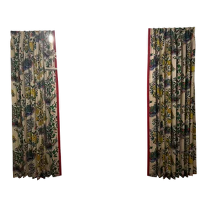 Pair of Schumacher Citrus Garden Window Panels in Color Primary. Custom Trim Added to Inside Portion of the Panel