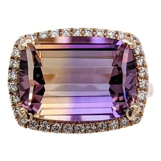 6.38ct Ametrine Ring W Earth Mined Diamonds in Solid 14k Gold Cushion Size 6.75 For Sale