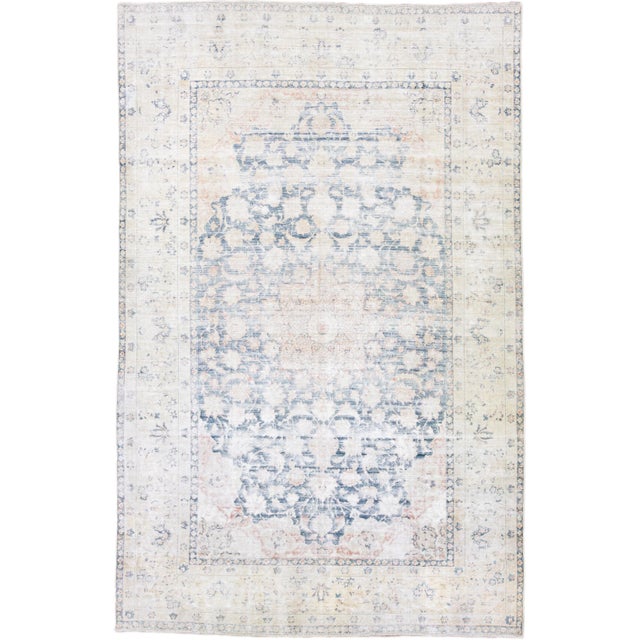 Textile Blue Vintage Persian Tabriz Handmade Wool Rug With Medallion Motif For Sale - Image 7 of 7