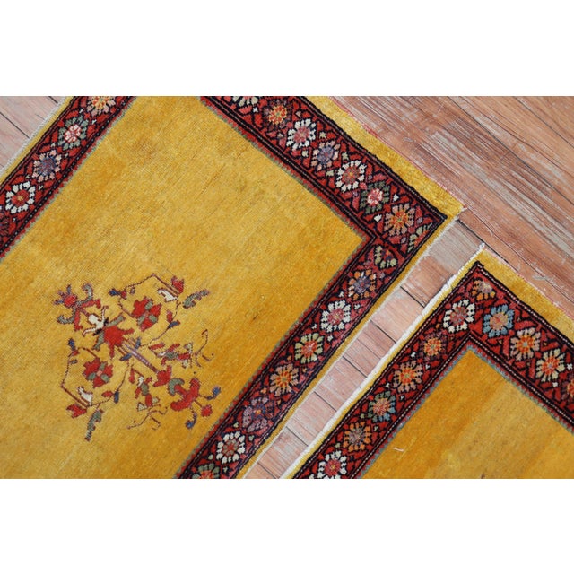 Early 20th Century Whimsical Pair of Yellow Persian Ferehan Mats For Sale - Image 5 of 6