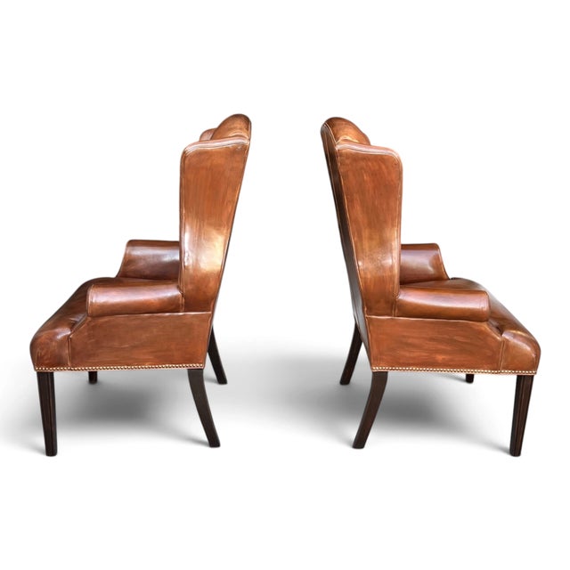 Wood Pair of Vintage Cognac Leather Wingback Chairs With Louis XVI–Style Fluted Legs For Sale - Image 7 of 11