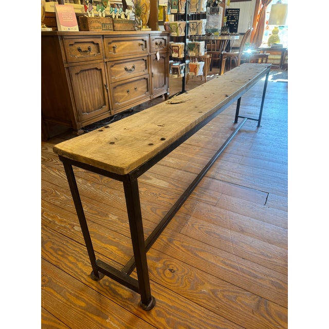 Farmhouse 1980s Salvage Wood Bench With Metal Base For Sale - Image 3 of 12