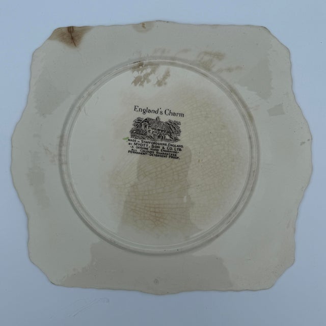 Charming vintage square handled serving plate by Myott, featuring the 'England's Charm' pattern in classic brown...