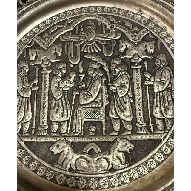 Persian Vintage Persian Iranian Tinned Copper Wall Plate – Ghalamzani Persepolis Art 8.25” For Sale - Image 3 of 3
